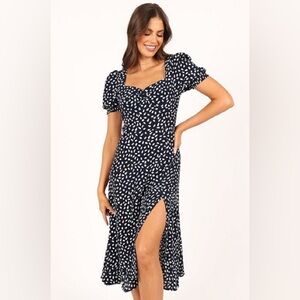 Commense Navy Blue Puff Sleeve Sweetheart Neckline Midi Dress L Large